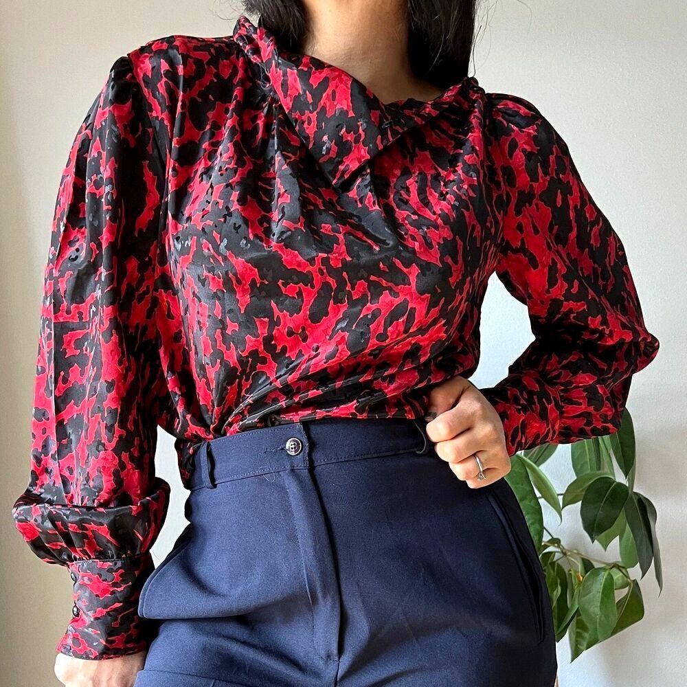 vtg 80s long‎ sleeve satiny blouse red black glam classic maximalist style large